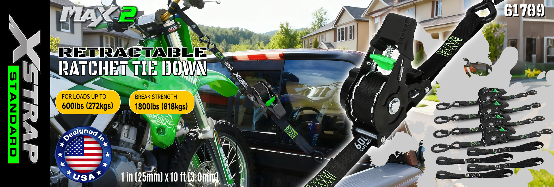 Xstrap 61789 Dây buộc Ratchet có thể thu vào 1 in x 10 ft Dây buộc an toàn cho xe máy Jetski Kayak Sức bền 1.500LBS/680kg