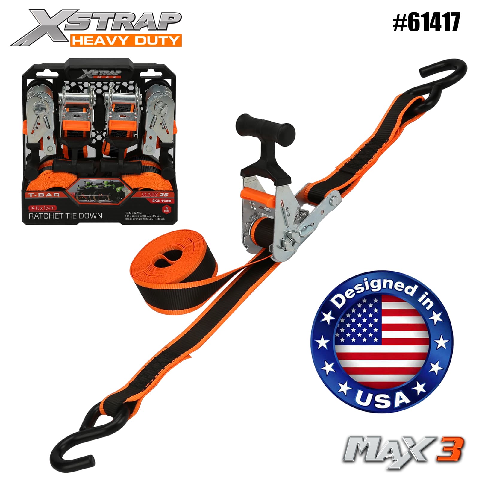 Xstrap 61417 1-1/4 ” x 14’ 4PK T-Bar Ratchet Tie Down 1000lb SWL