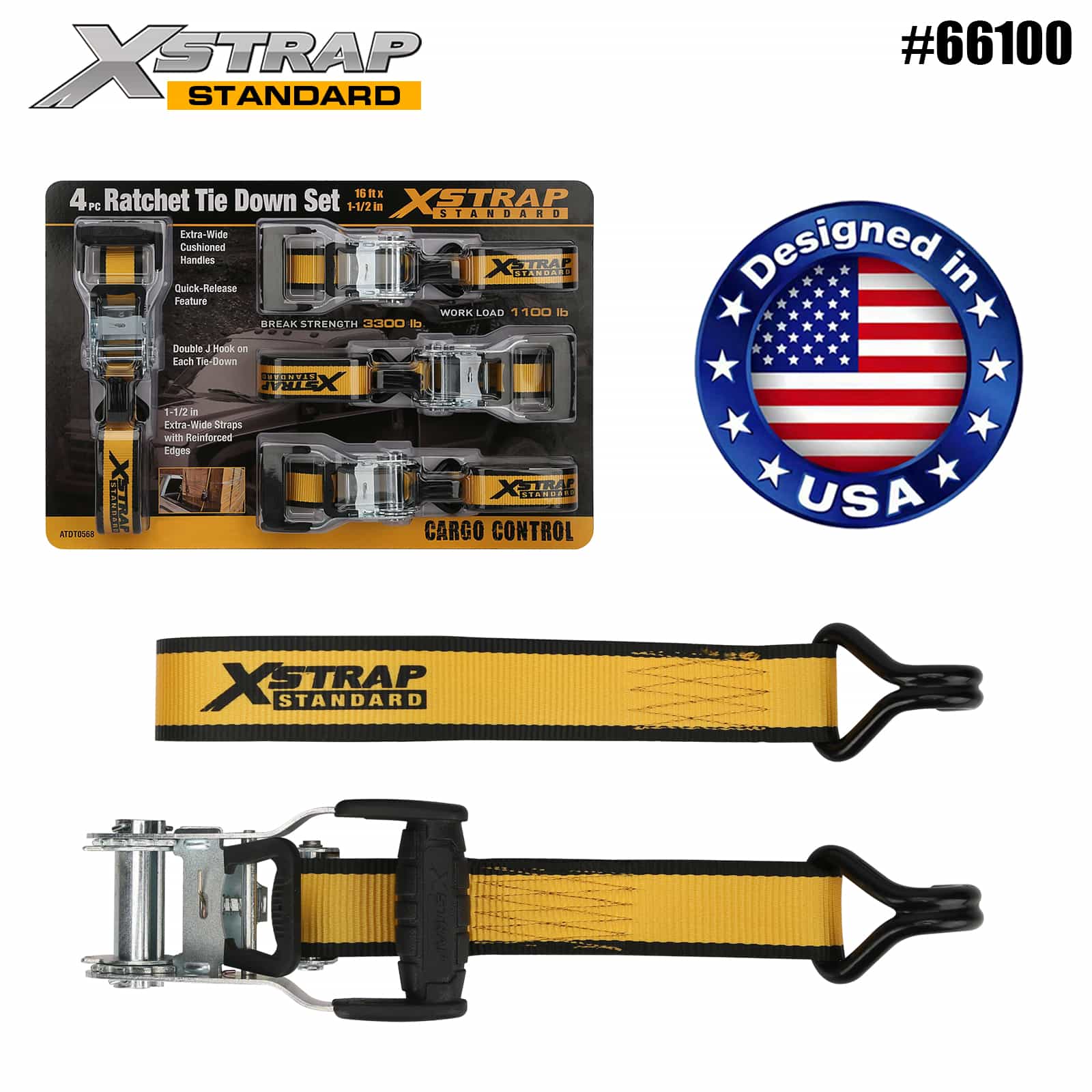 Xstrap 66100 1-1/2” x 16’ 4PK Dây buộc bánh cóc với móc J đôi 1100lb SWL