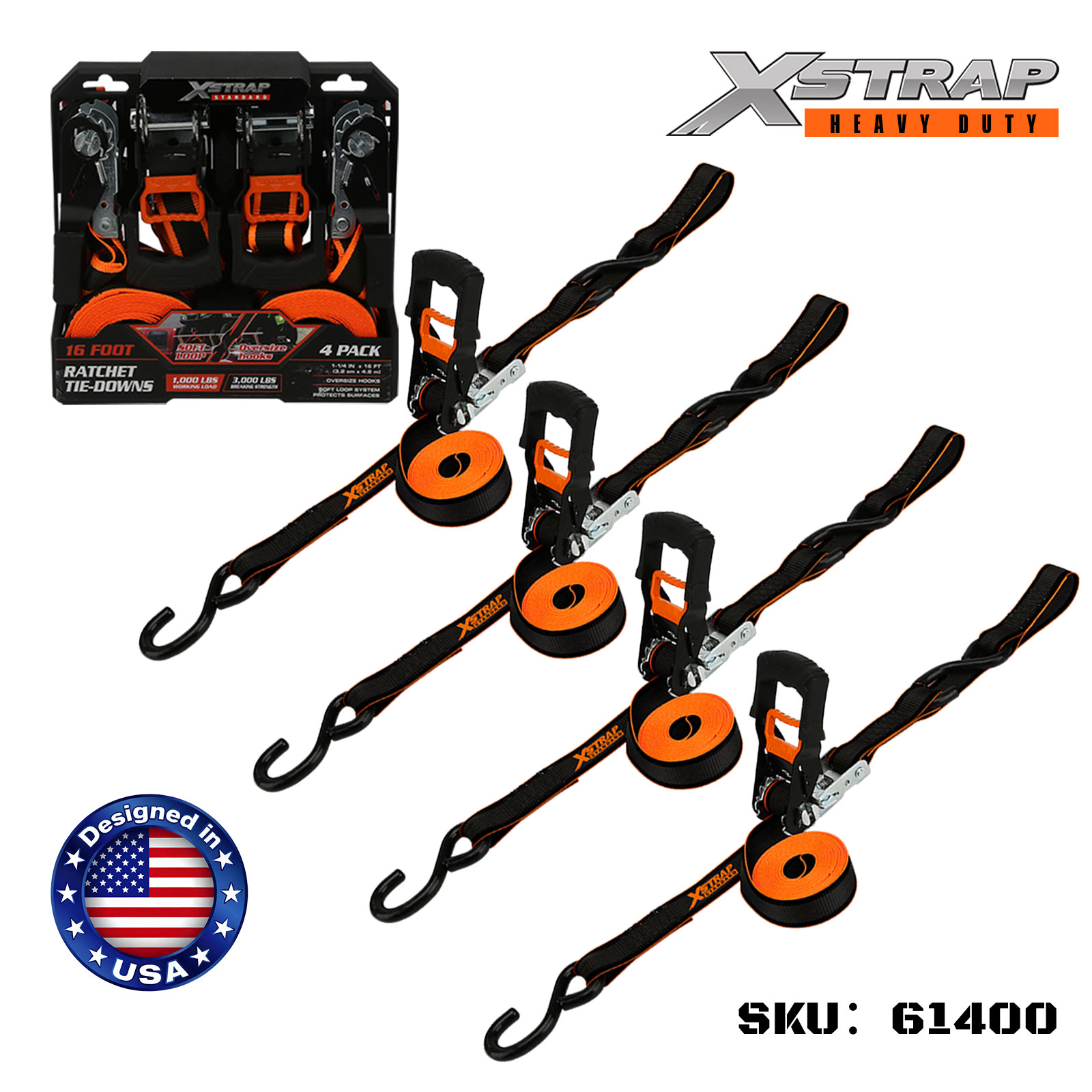 Xstrap 61400 1-1/4” x 16’ 4PK Dây buộc có móc có móc cỡ lớn 1000lb SWL