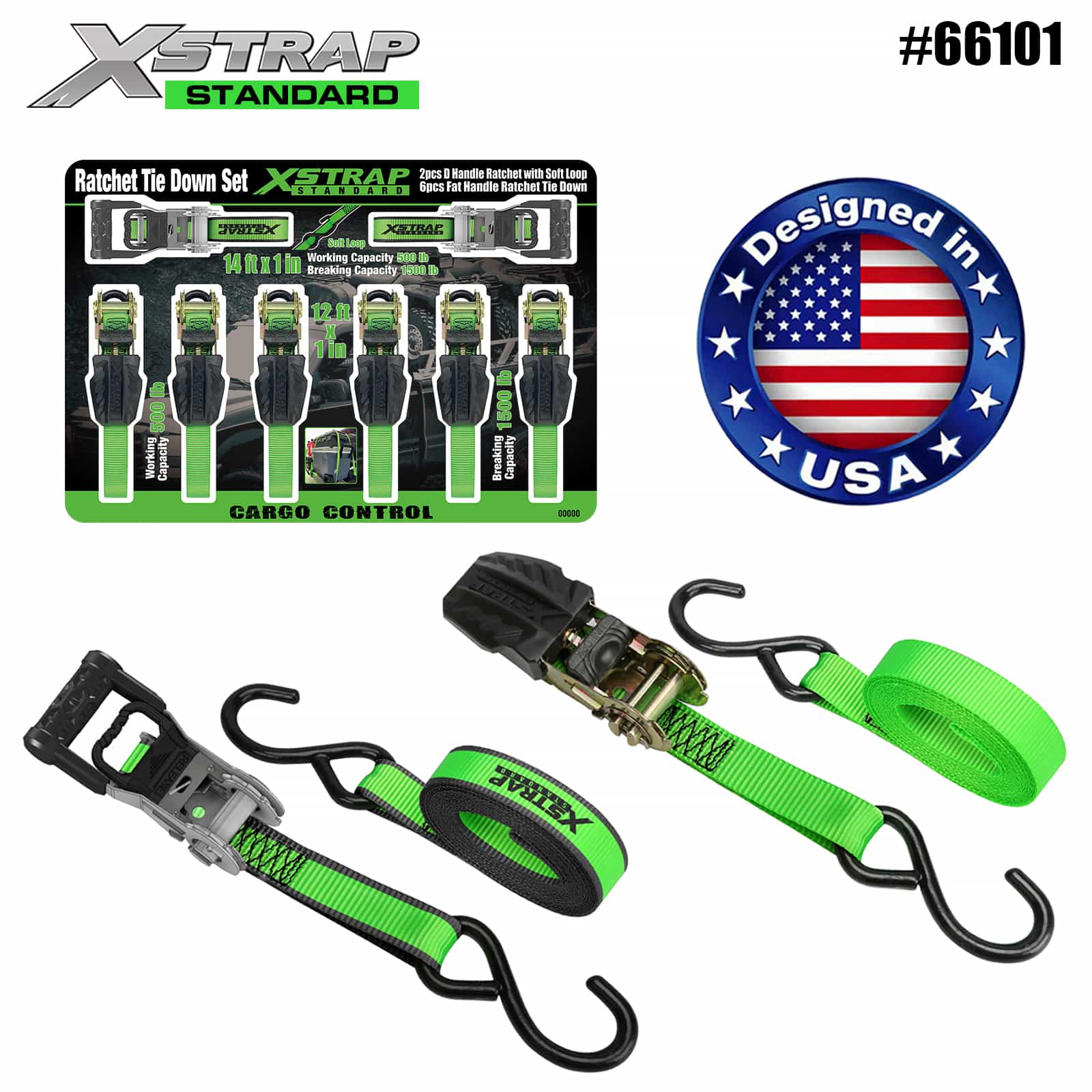 Xstrap 66101 1” x 14’ 2PK D Tay cầm Ratchet có vòng mềm 500lb SWL và 1” x 12’ 6PK Tay cầm phẳng Ratchet buộc xuống 500lb SWL