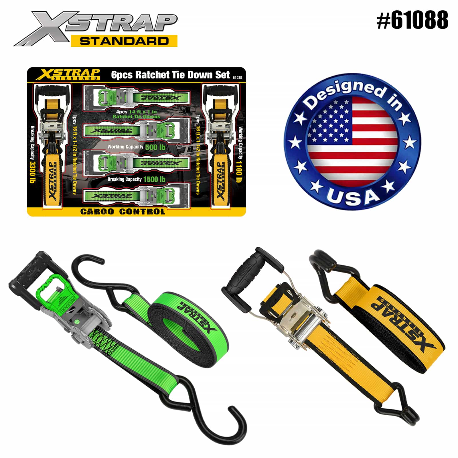 Xstrap 61088 1” x 14’ 4PK D Tay cầm Ratchet có vòng mềm 500lb SWL và 1” x 16’ 2PK Tay cầm cực rộng Ratchet buộc xuống 1100lb SWL