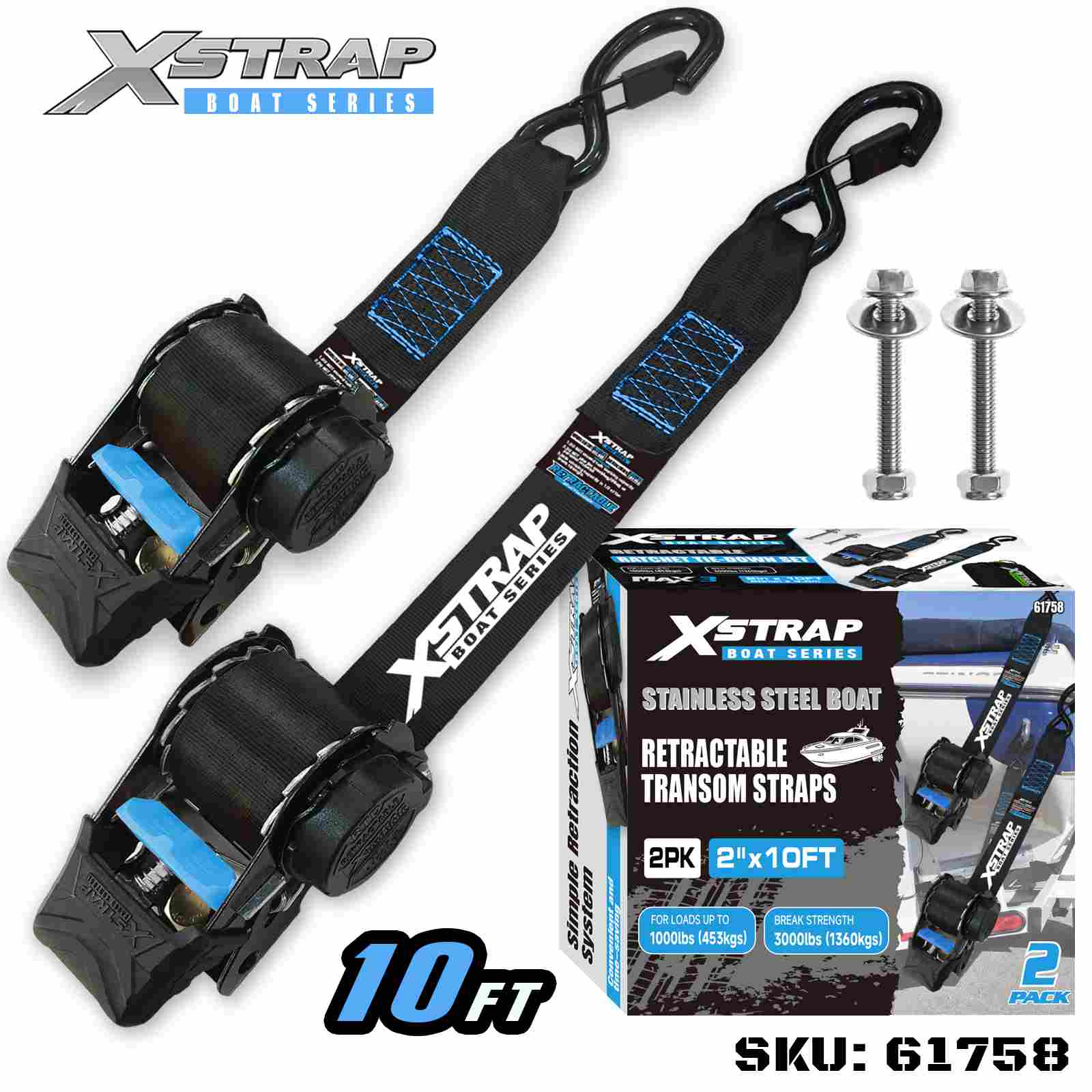 Xstrap 61758 2” x 3.6’ 2PK Dây đeo ngang có thể thu vào thuyền với móc chữ S an toàn 1000lb SWL