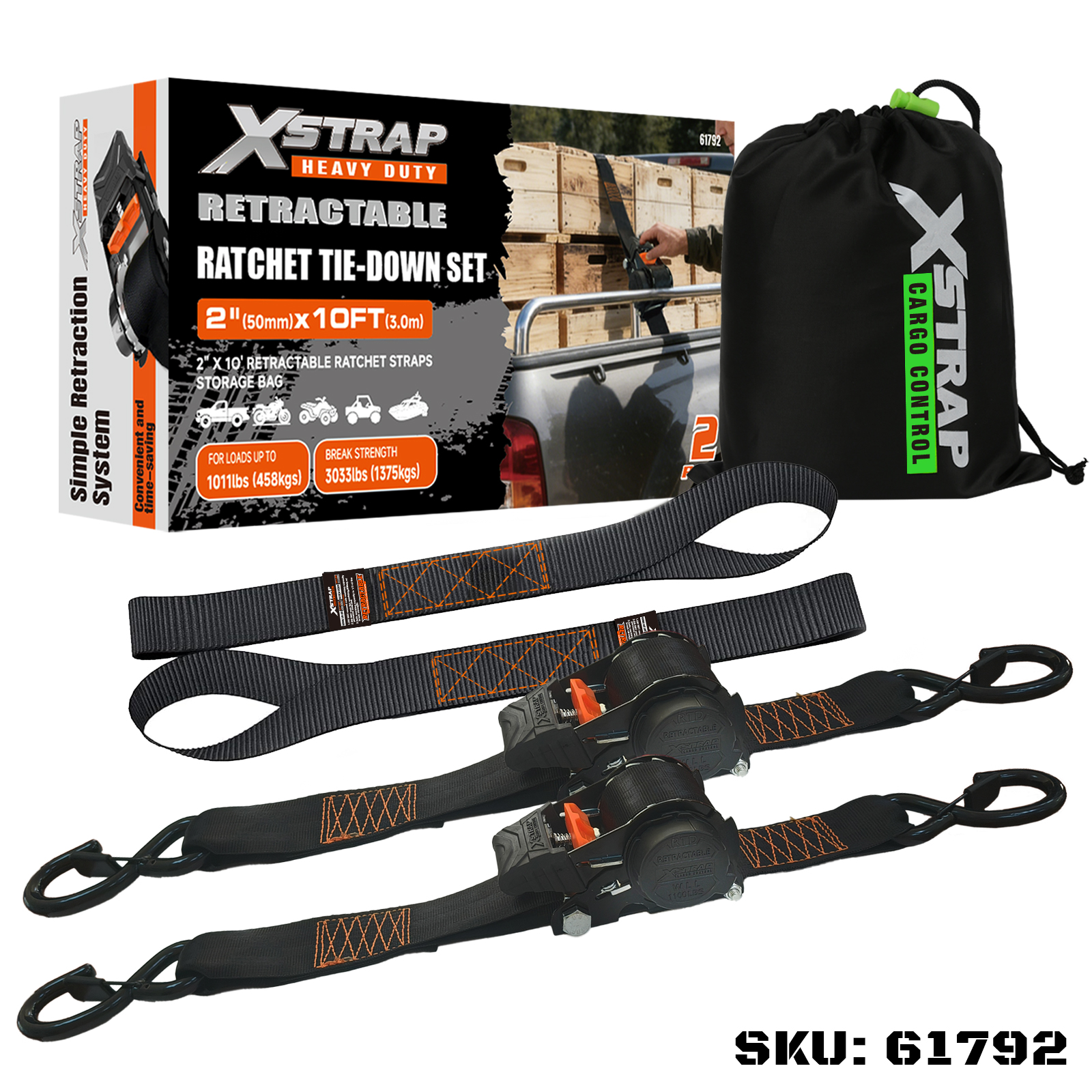 Xstrap 61792 2PK 2” x 10’ Bộ dây buộc Ratcet có thể thu vào có móc S an toàn 1011lb SWL